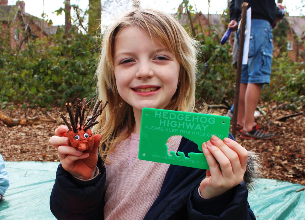 A photograph of a young girl holding a hedgehog highway sign.